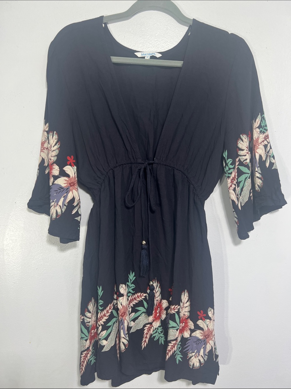 Blue Island Beach Cover Up Navy Floral Tie-Front Fringe Mini Dress